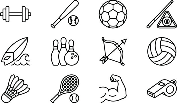 Sports Equipment and Fitness Activity Line Icon Set Featuring Soccer Baseball Volleyball Tennis Badminton and Gym Barbell Vectors