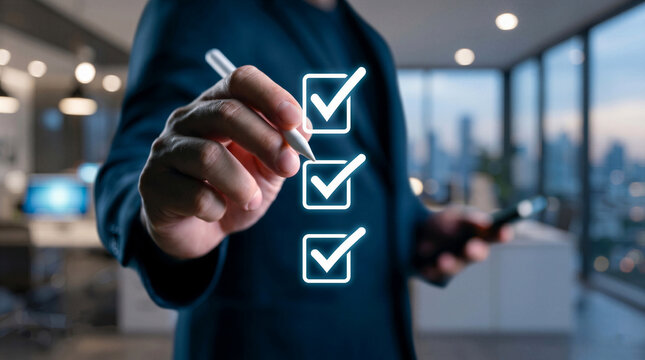 Businessman using a stylus to check off glowing virtual boxes. Concept of task completion, business goals, planning, productivity, and success