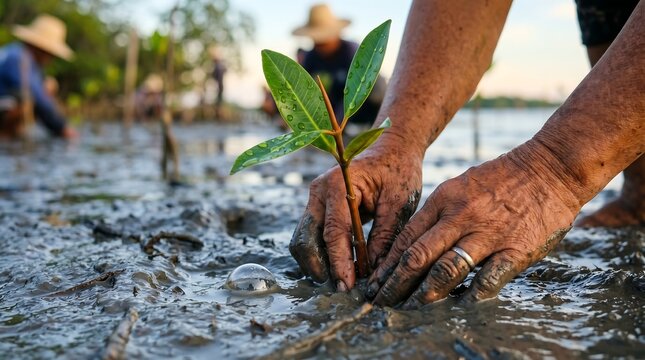 Planting mangrove sapling in muddy coastal wetland for restoration