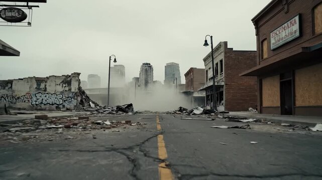 A view of a collapsed urban street structure shows the aftermath of a massive explosion that caused heavy destruction throughout the surrounding local town area during a dark and gloomy stormy