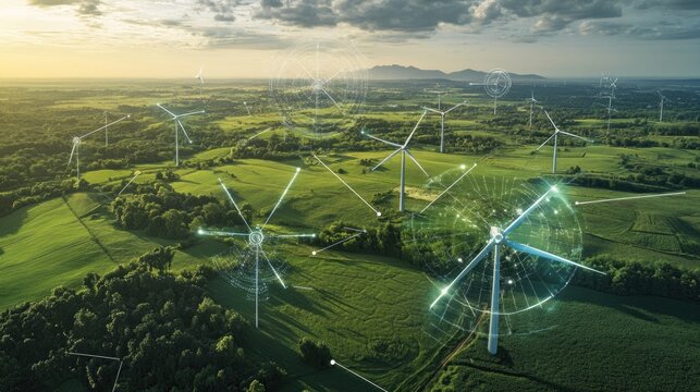 Aerial view of wind turbines in a field