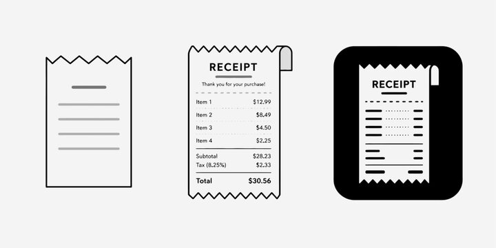Three receipt paper icons including one on a mobile phone screen