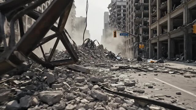 A massive heap of concrete rubble rises from the street pavement as steel beams tilt precariously near a crumbling urban landscape where building debris fills the air after the destructive