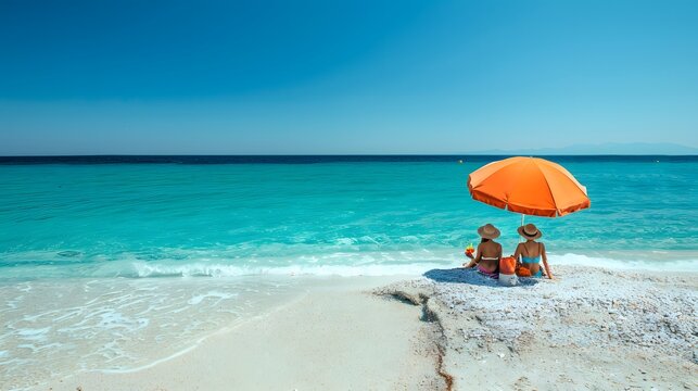 Familie entspannt unter Sonnenschirm an tropischem Traumstrand