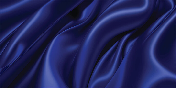 Smooth dark blue silk fabric background with luxury satin waves and soft flowing textures creates a motion of purple light curves in this elegant textile backdrop design