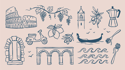 Obraz premium Italian travel icons, Mediterranean village landscape, historic architectural landmarks, minimalist vacation sketch, clean line art illustration, isolated travel vector, premium holiday background, vi