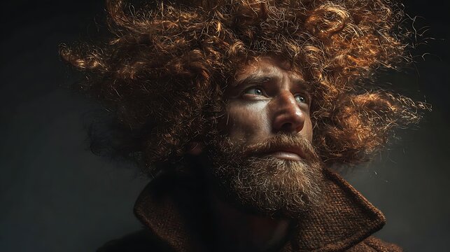 Man with wild ginger curly hair. beard. and tweed coat. looking up with intense gaze. dramatic lig