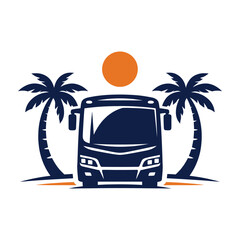 Fototapeta premium Bus traveling between palm trees during sunset with sun in sky isolated on white background