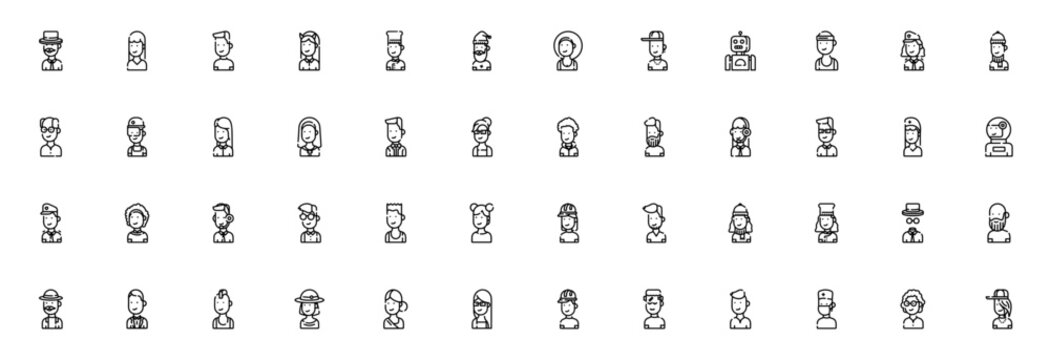 Avatars icon set. Minimal vector pack. Featuring man, girl, boy, chef, robot, sporty, policewoman, old man, fireman, nun, waiter, teacher, beard, customer support, nerd, nurse, astronaut, policeman, e