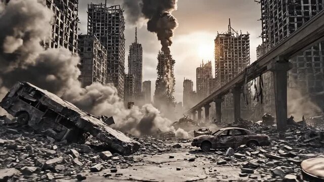 Dense smoke rises from crumbling skyscraper structures within a ruined cityscape where demolished vehicles litter the wasteland after a devastating catastrophic event has hit the metropolitan