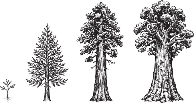 Detailed black line art of four versions of General Sherman Tree arranged side by side, intricate ink drawing.