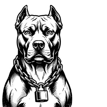 Black and white dog illustration, pitbull portrait, chain collar, monochrome animal art, pet design element