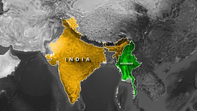 Animated map showing the geographical borders of India, Bangladesh, and Myanmar in motion