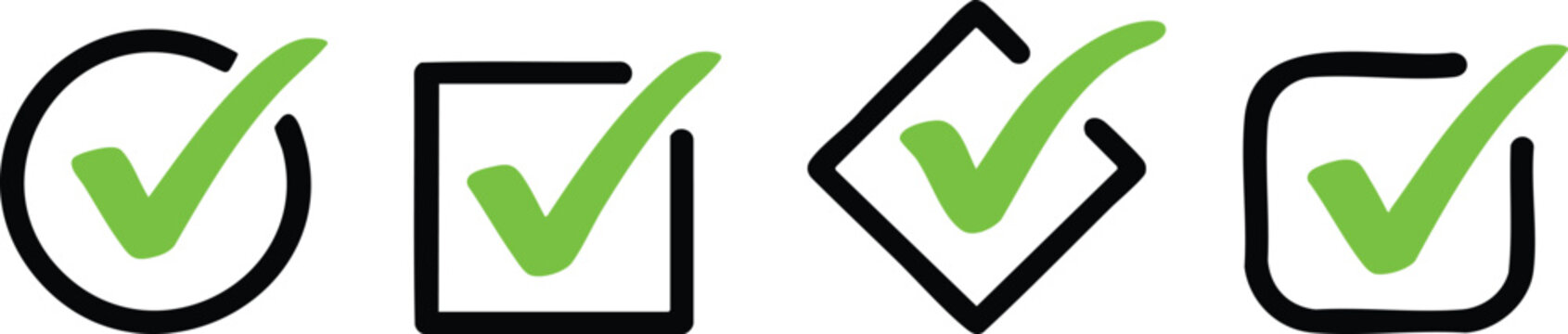 Collection of green checkmark icons in various shapes like circles and squares perfect for confirmation success or task completion in UI design