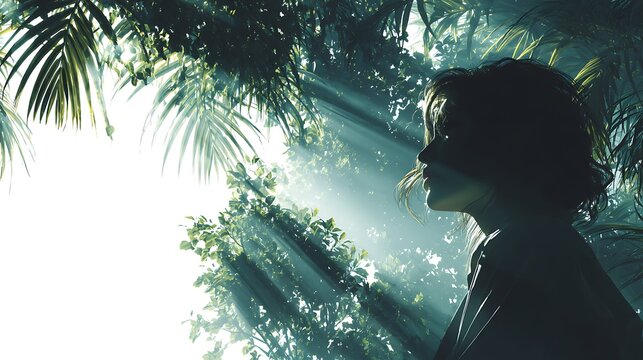 Woman in silhouette contemplating sunlight filtering through lush jungle foliage. serene mood. cin