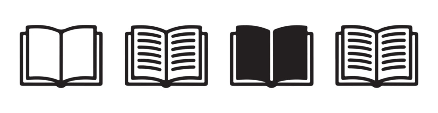 Set of four open book icons with text lines and blank pages for reading application and educational site.