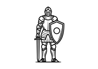 Obraz premium Medieval Knight in Full Armor with Sword and Shield Standing Guard.
