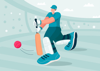 Obraz premium Vector illustration of a cricket player in a forward defensive position. Batsman in dynamic action in a futuristic flat design. Stadium background. Perfect for sport graphics