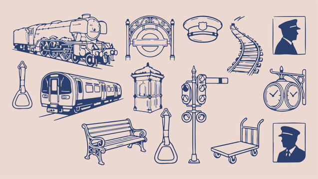 Railway transport transit doodle, modern subway station sketch, minimalist train journey art, clean infrastructure illustration, premium commuter travel vector, isolated rail symbols, iconic transit e