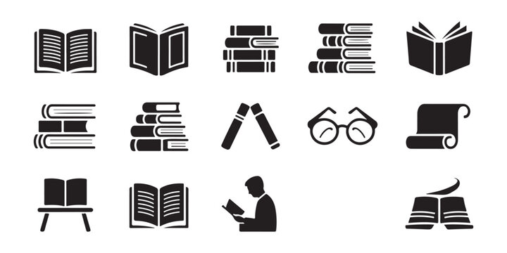 Assortment of book related icons including stacks, open pages, glasses, scroll and reading person.