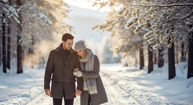 Romantic Winter Walk Couple holding hands and smiling in a snowy forest path.