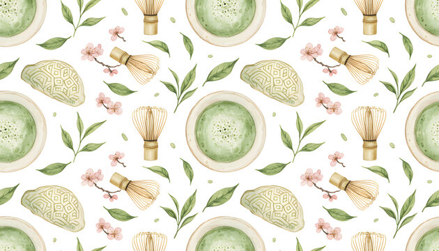 Seamless Japanese Matcha Tea Pattern with Cherry Blossoms and Leaves Illustration