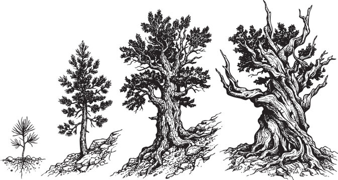 Detailed black line art of four versions of Methuselah Bristlecone Pine arranged side by side, intricate ink drawing.