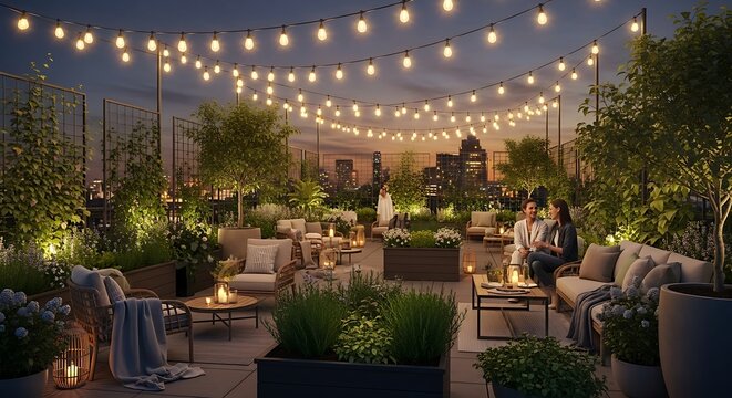 Rooftop Oasis at Dusk Elegant Scene with Fairy Lights with Relaxing Lounge Area.