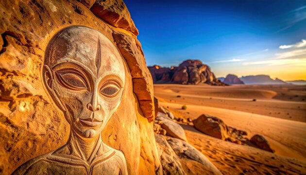 Ancient Egyptian pharaoh portrait against desert sunset backdrop.