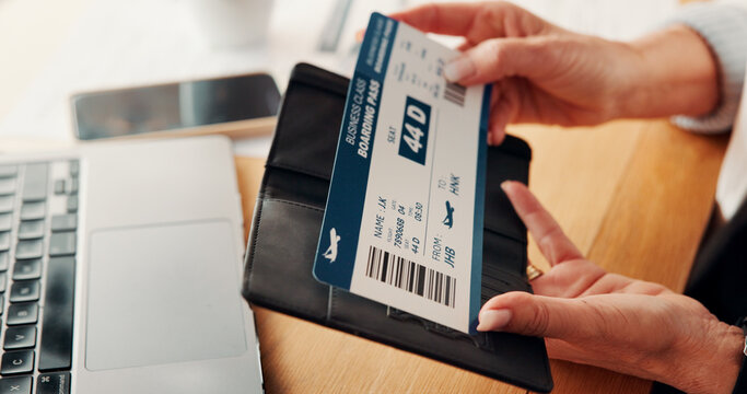 Laptop, ticket and hands of business woman in office for online booking, work trip and schedule. Corporate, workplace and person on computer with flight info for agenda, travel admin and planning