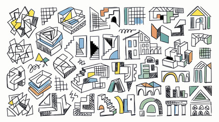 Fototapeta premium Abstract Architectural Sketches: Geometric Buildings, Stairs, and Shapes