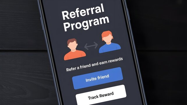 Mobile app referral program interface displaying invite friend and track reward buttons on a dark modern smartphone screen against a textured black wooden surface background with clean ui