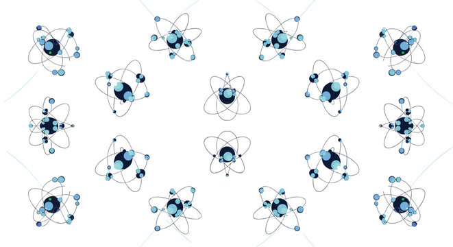 Stylized atomic models featuring central nuclei and orbiting electrons arranged in a symmetrical pattern on white background.
