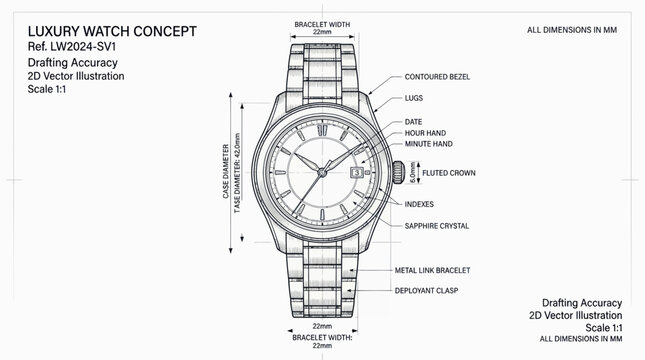 Luxury Watch Concept Blueprint - Technical Drawing and Design Sketch
