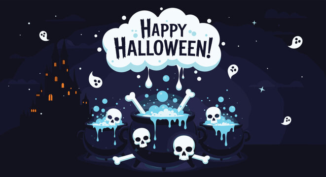 Spooky Halloween scene with boiling cauldrons containing skulls and bones surrounded by floating ghosts and a dark castle.
