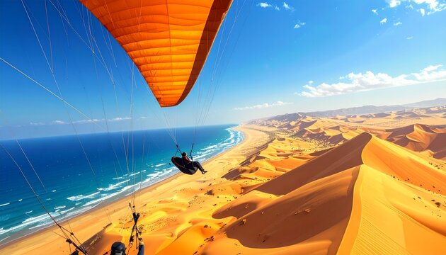 Parasailing adventure over turquoise sea and desert cliffs.