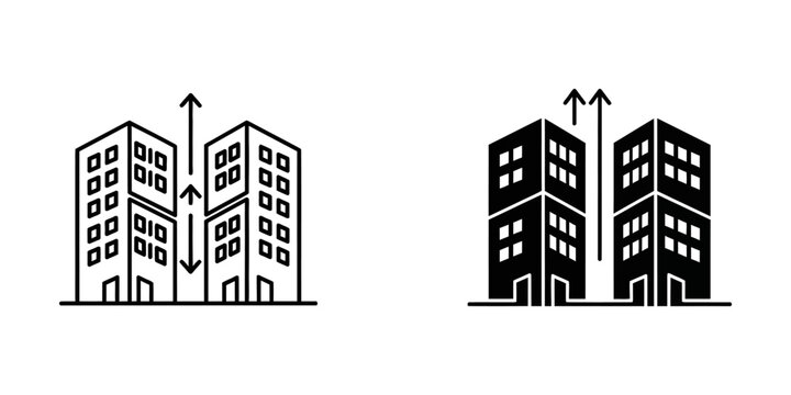 Two building structures with vertical dimension arrows building architecture skyscraper construction