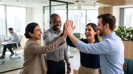 Obraz premium Diverse business team celebrating success with a high-five in a modern office. Teamwork and collaboration concept.