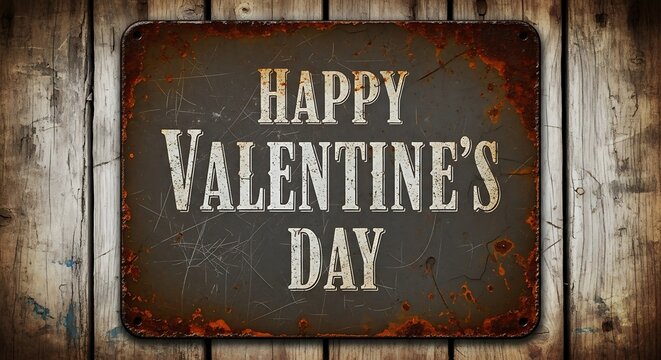 Rustic Valentines Day Sign with Vintage Metal Plate on Wood Background.