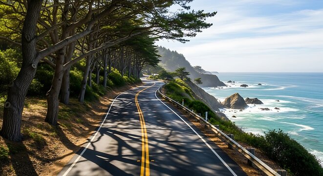Scenic coastal highway drive along cliffs with ocean view and trees with sunny day.