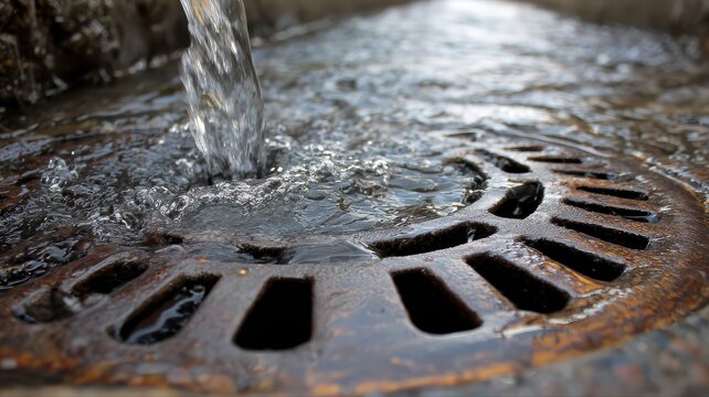 Water flows into a drain in a street during daytime while sunlight casts reflections on the surface of the water