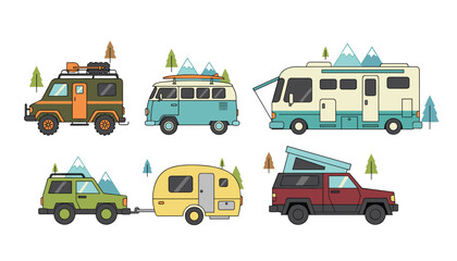 Fototapeta premium Diverse set of camping vehicles including vans, motorhomes, and off-road SUVs parked in a scenic mountain landscape for outdoor travel.