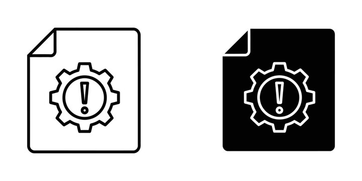 Document file with gear and exclamation mark error icon set document exclamation settings technical