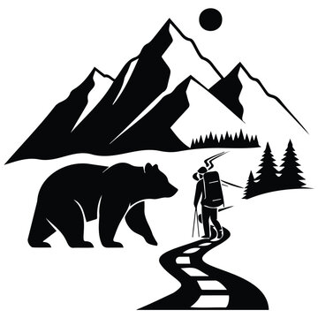 Hiker and bear vector silhouette illustration in mountain landscape line art design.