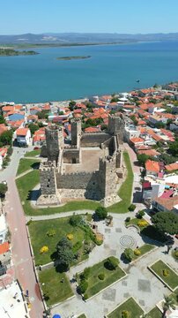 Aerial View of Candarli Castle and Coastal Town at Sunny Day, Izmir, Turkey. High quality 4k footage