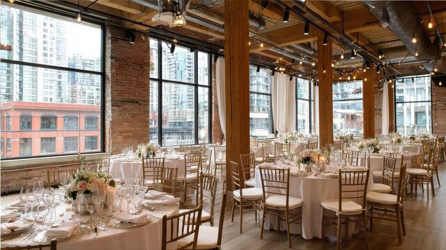 Dining area set for an event with tables decorated with flowers and city view outside in a modern building on a sunny day