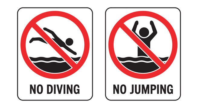 Pool Safety Prohibition Icon Set, No Diving and No Jumping Warning Signs, Hazard Prevention Vector Illustration Collection