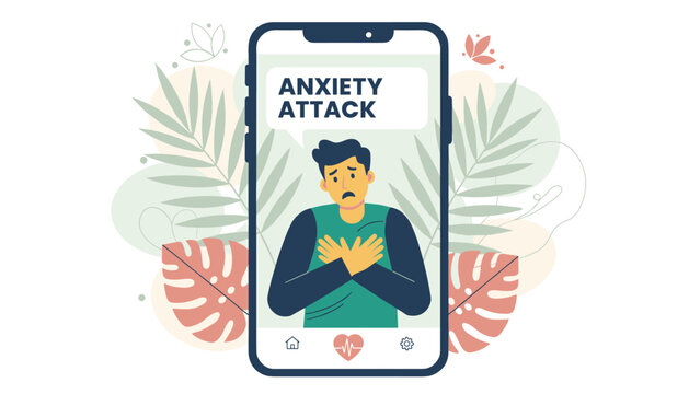 Mobile phone app displays a support screen for an anxiety attack with a distressed man clutching his chest for mental health awareness.