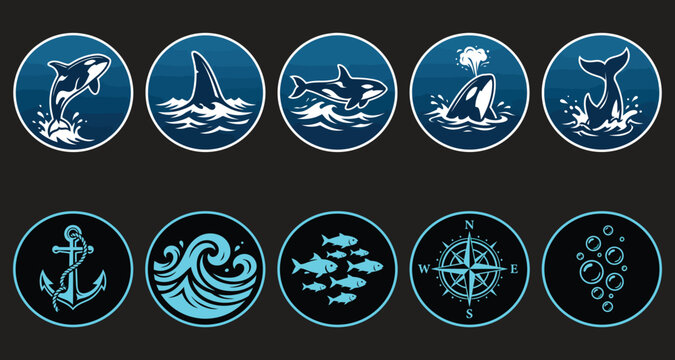 Set of ten circular marine icons featuring jumping orcas, a sharp anchor, flowing ocean waves, small fish and nautical compasses