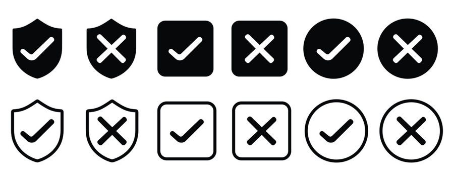 Checkmark and cross icons in various shapes isolated on white background. Check mark icon set. Check box icon with right and wrong buttons, yes or no checkmark icons, tick and cross symbol